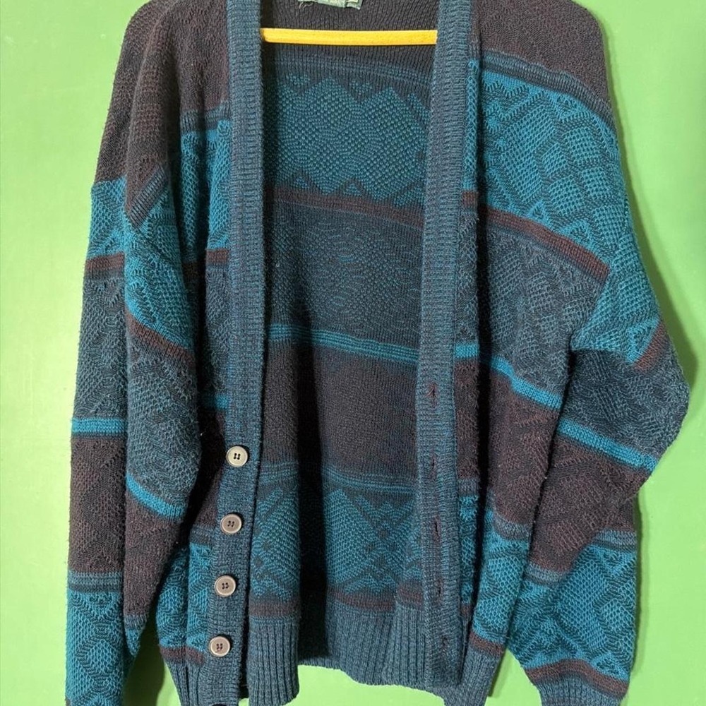 Kenneth Roberts Vintage 90s Geometric Pattern Cardigan Blue Brown XL
